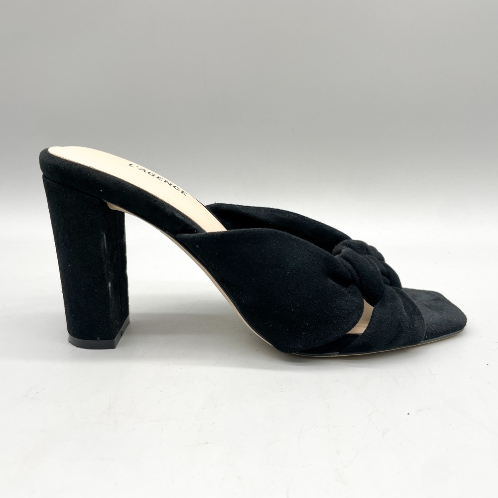 L'AGENCE Womens 6.5 Leonie Slide Braided Knot Heel Mule Sandals Black Suede Shoe